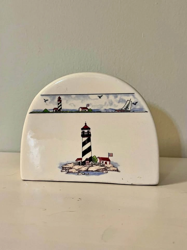 Vintage Ceramic Lighthouse Napkin Holder - Coastal Decor