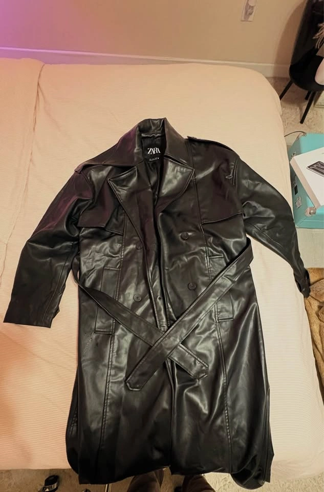 Zara Black Leather Trench Coat - photo 3