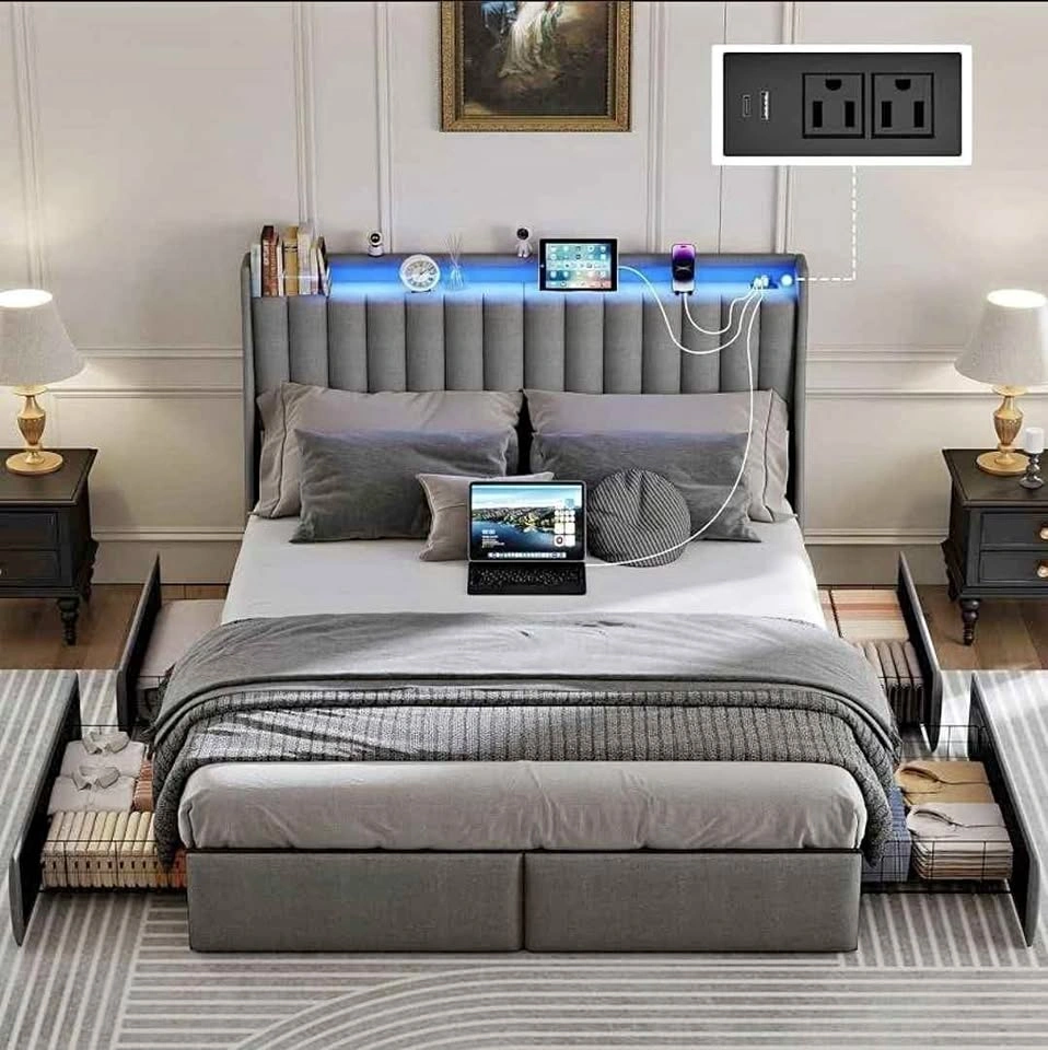 Full Size Bed Frame with 4 Storage Drawers, Grey