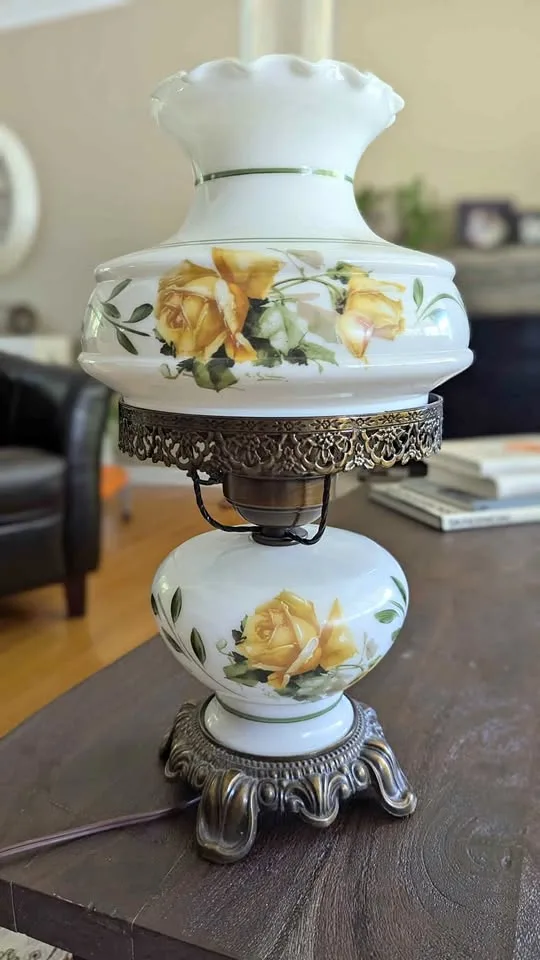 Vintage Milk Glass Hurricane Lamp – Yellow Roses – Dual Light thumbnail