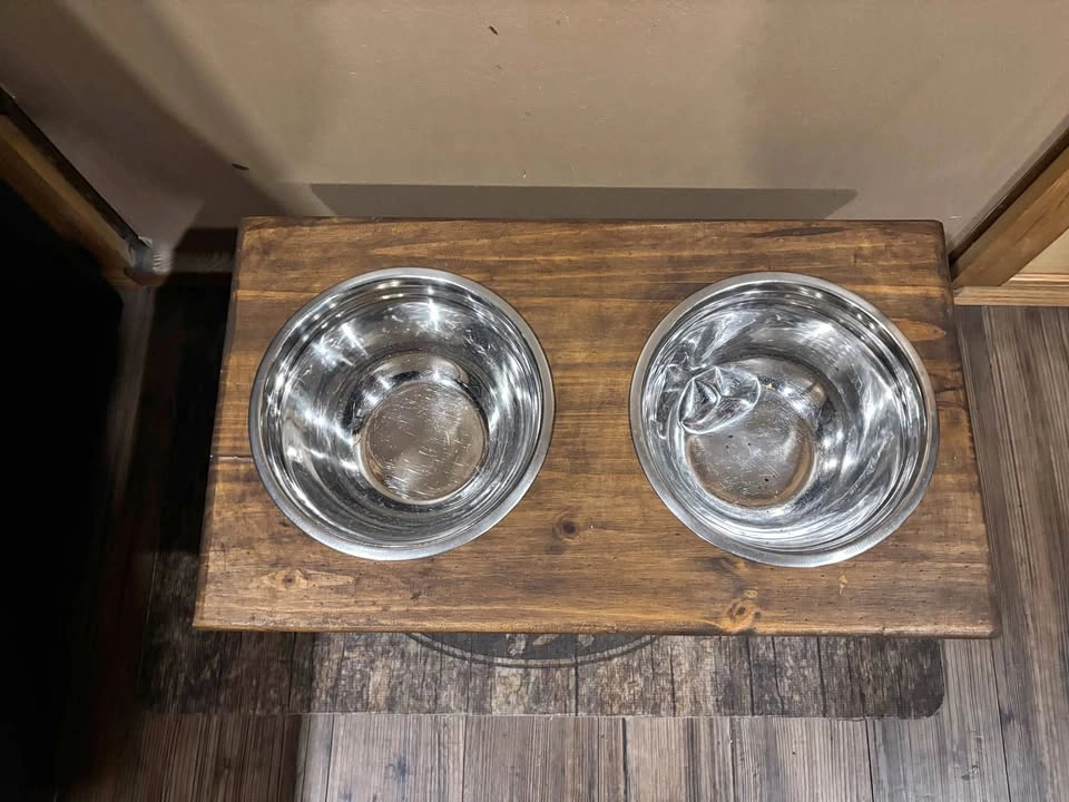 Rustic Wooden Elevated Pet Feeding Station - 2 Bowls