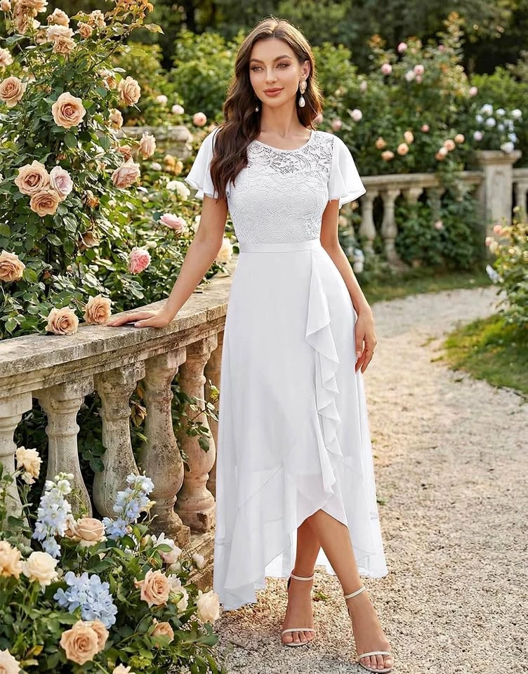 White Lace High-Low Formal Dress - Size XL
