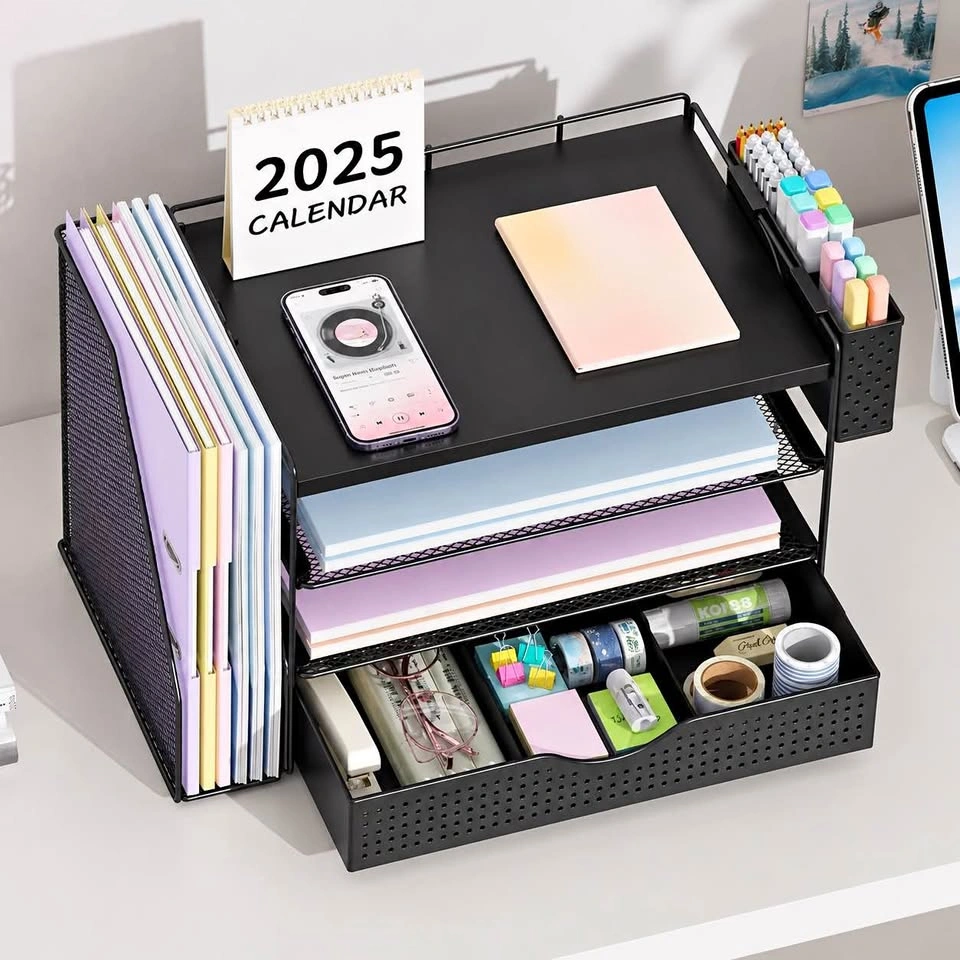 Black Metal Mesh Desk Organizer with Drawer and File Holder