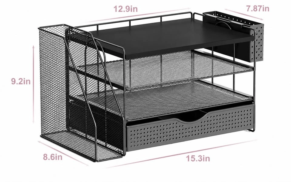 Black Metal Mesh Desk Organizer with Drawer and File Holder - photo 2