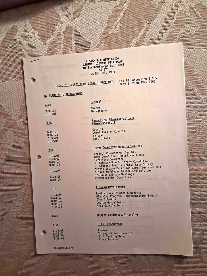Vintage 1989 Central Library File Plan - Mississauga History Doc