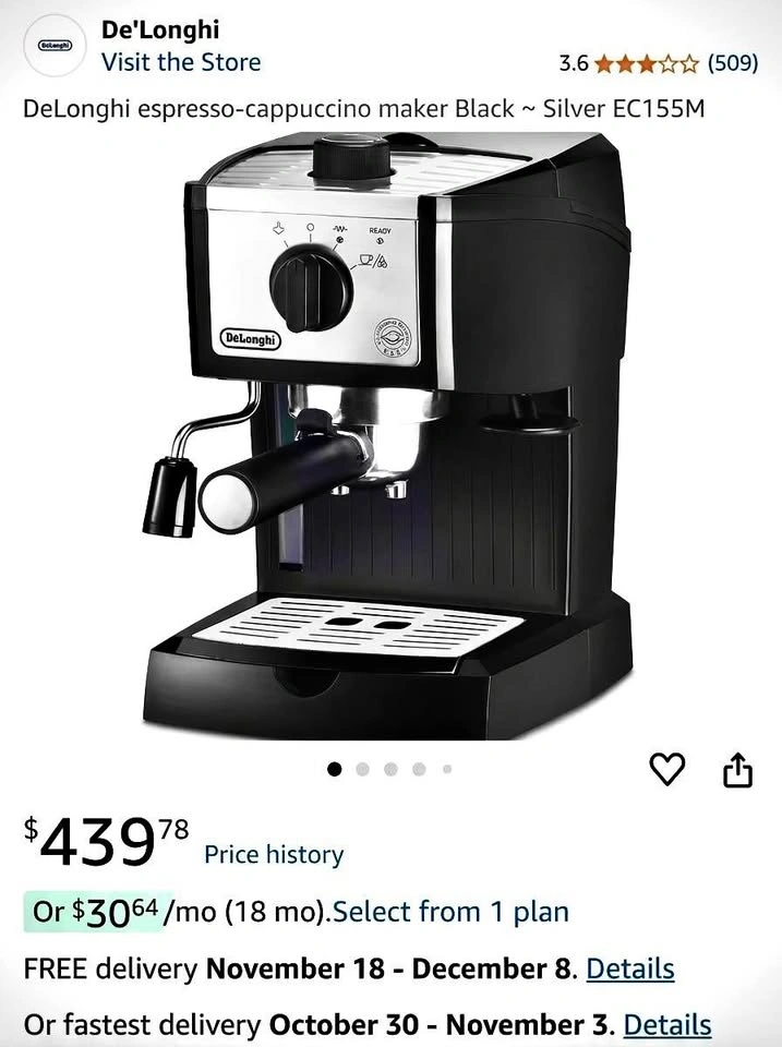 DeLonghi EC155M Manual Espresso Machine (Black/Silver)