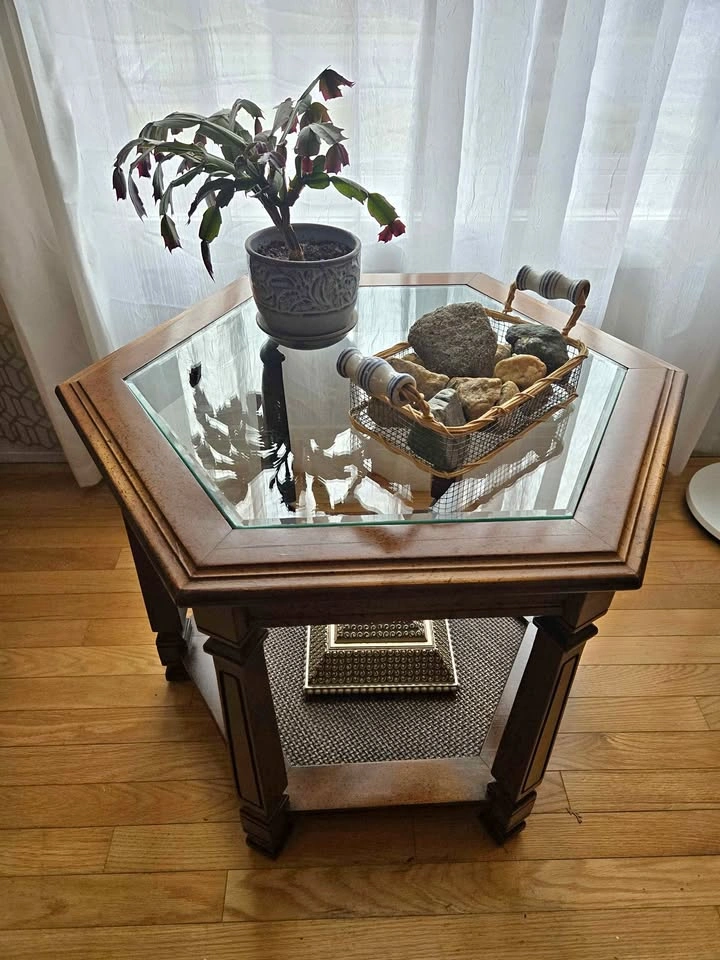 Vintage 1970s Hexagon Glass Top Side Table w/ Reinforced Cane Sh