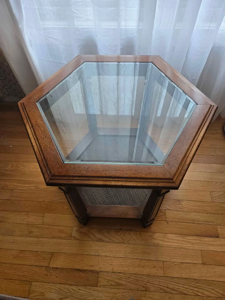 Vintage 1970s Hexagon Glass Top Side Table w/ Reinforced Cane Sh - photo 2