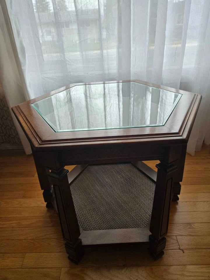 Vintage 1970s Hexagon Glass Top Side Table w/ Reinforced Cane Sh - photo 3