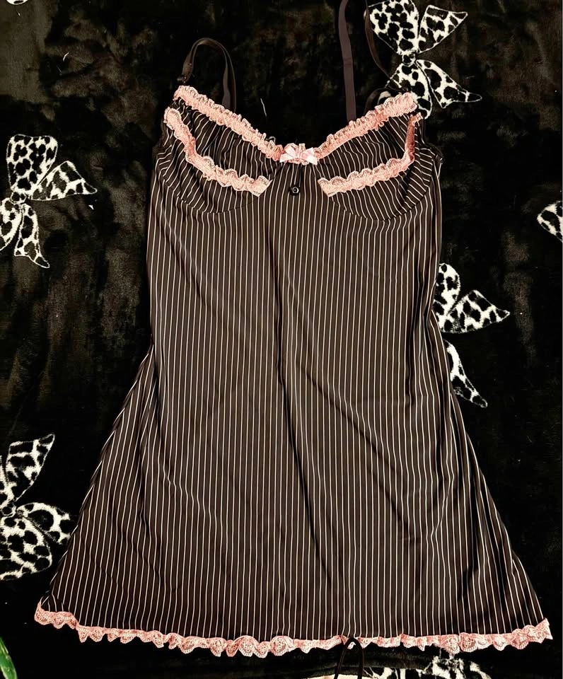 Black Pinstripe & Pink Lace Babydoll Dress 🖤🎀