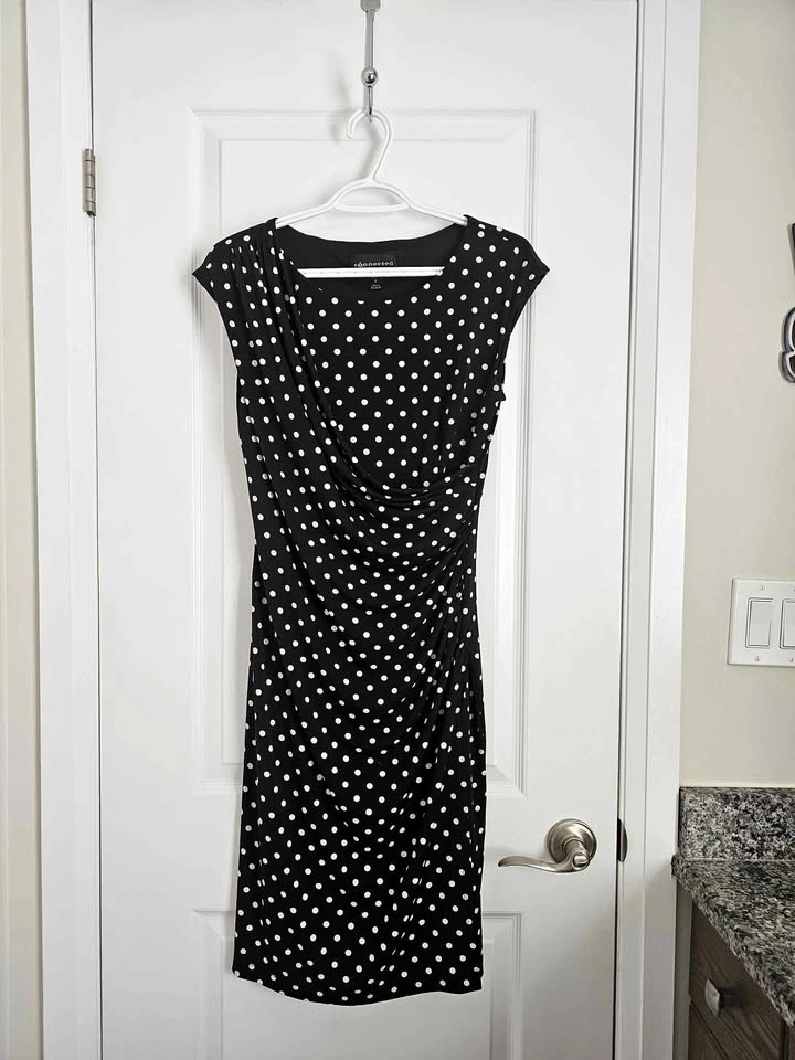Connected Apparel Black & White Polka Dot Ruched Midi Dress