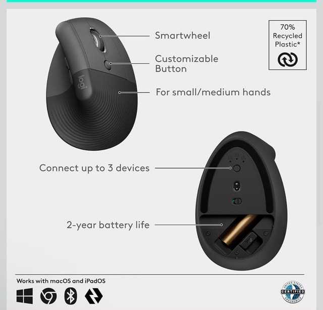Logitech Lift Vertical Ergonomic Mouse - photo 3