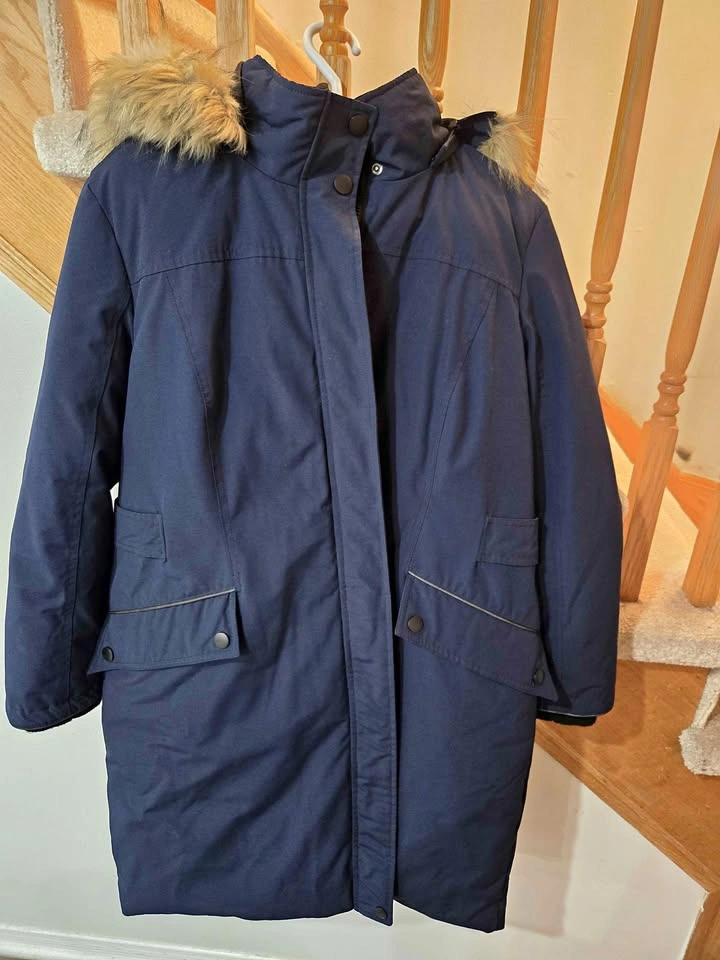 Women's Navy Blue Winter Jacket with Faux-Fur Hood
