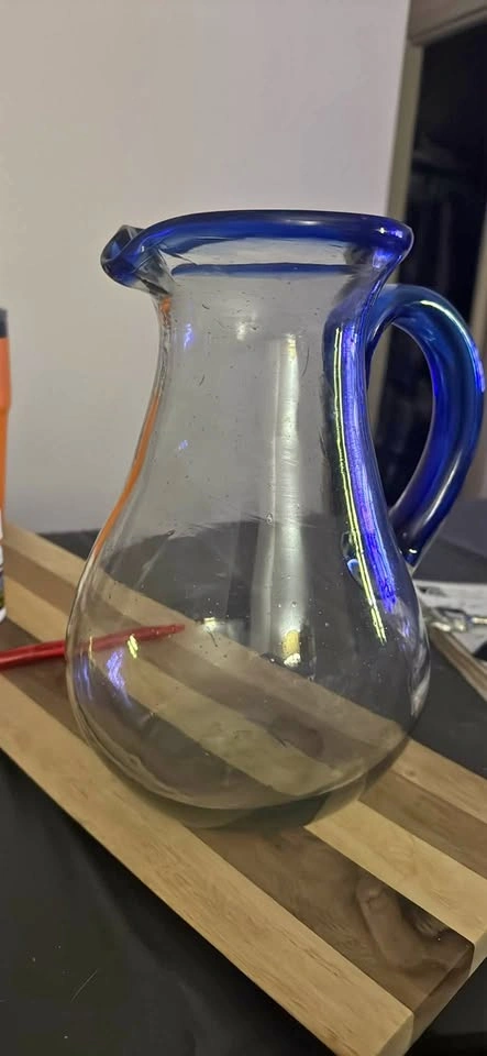 Hand-Blown Glass Pitcher with Cobalt Blue Rim and Handle