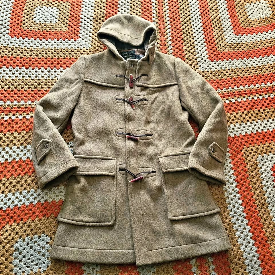 Vintage Mens Wool Duffle Coat Taupe Beige Fall Winter Jacket