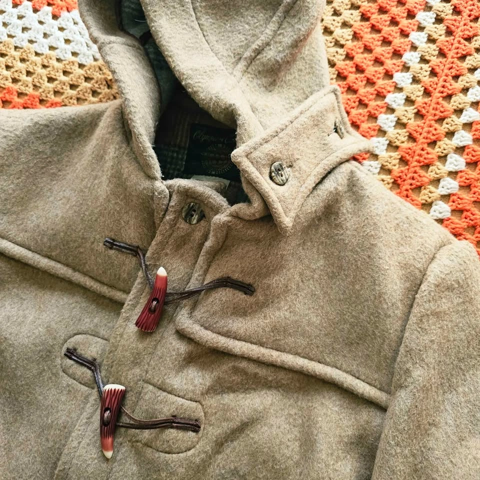 Vintage Mens Wool Duffle Coat Taupe Beige Fall Winter Jacket - photo 2