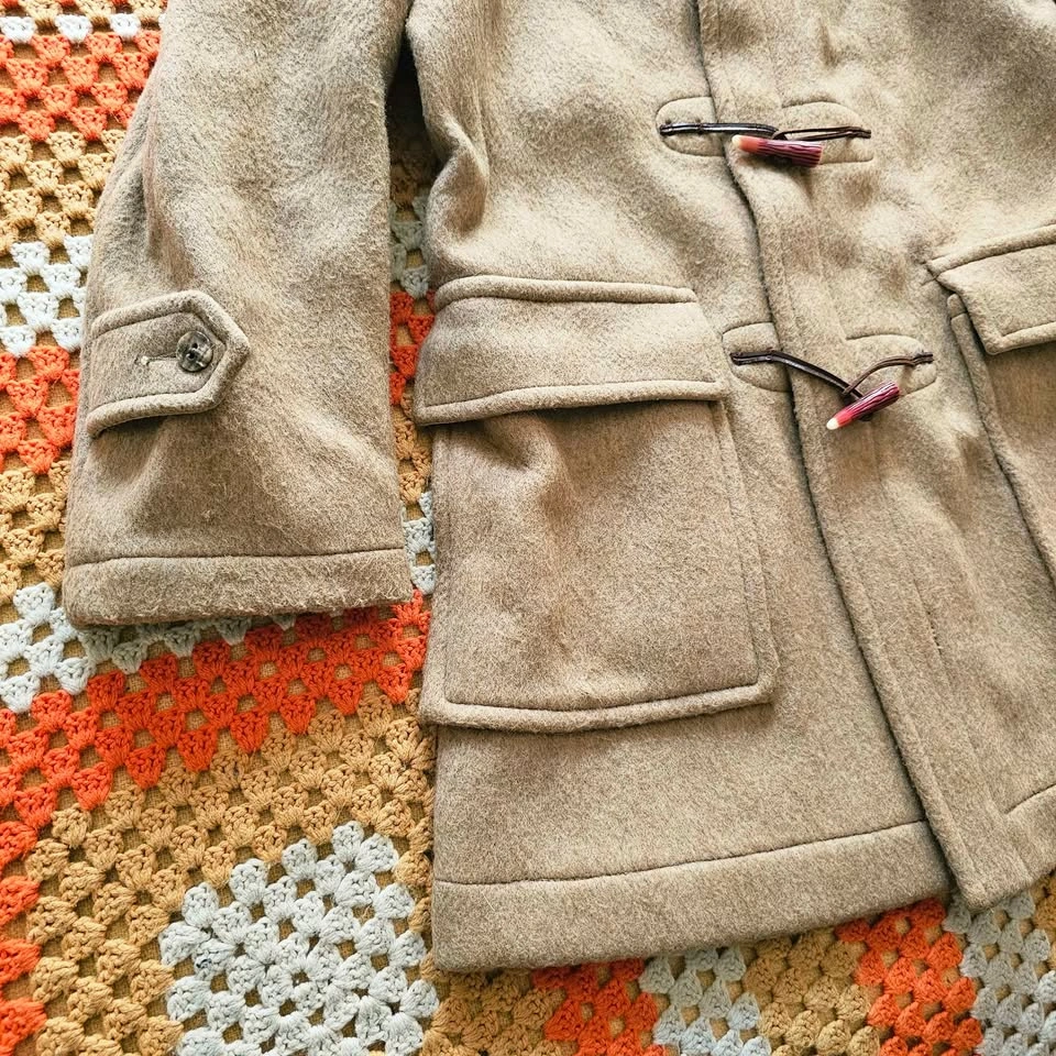 Vintage Mens Wool Duffle Coat Taupe Beige Fall Winter Jacket - photo 4