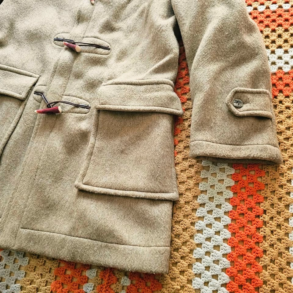 Vintage Mens Wool Duffle Coat Taupe Beige Fall Winter Jacket - photo 5