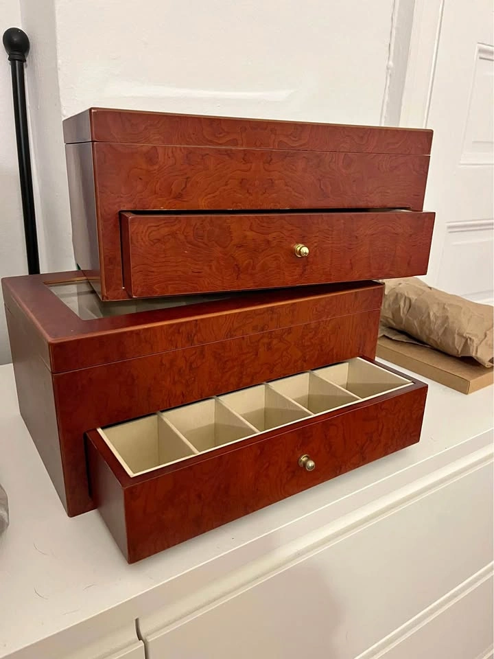 Set of 2 Wooden Storage Display Boxes with Glass Top and Drawers
