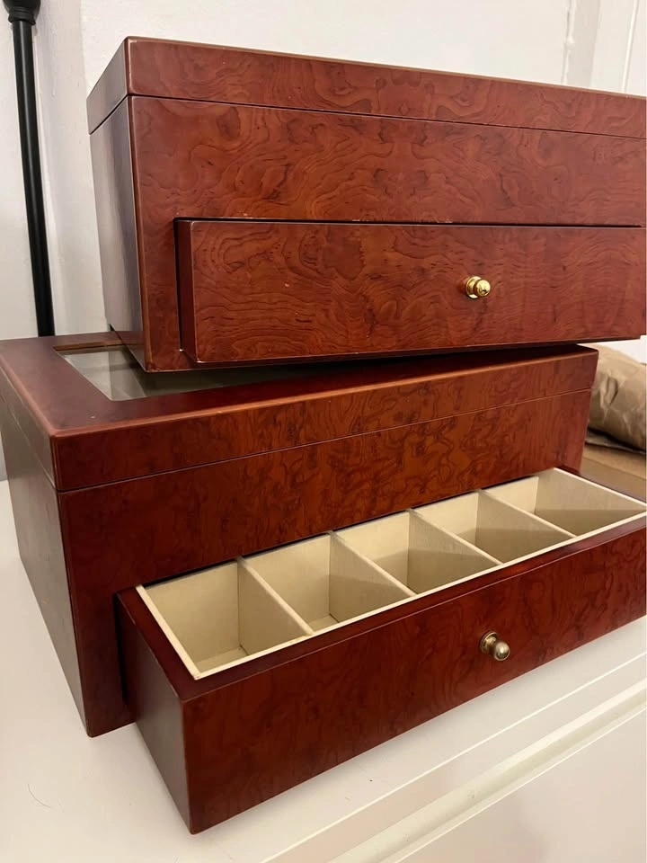 Set of 2 Wooden Storage Display Boxes with Glass Top and Drawers - photo 2