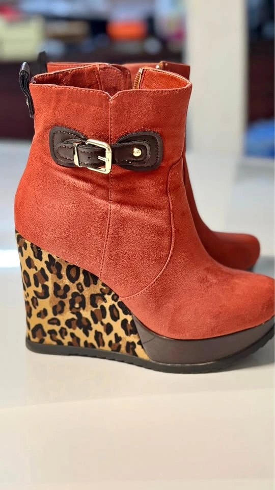 Burnt Orange Suede Leopard Print Wedge Ankle Boots