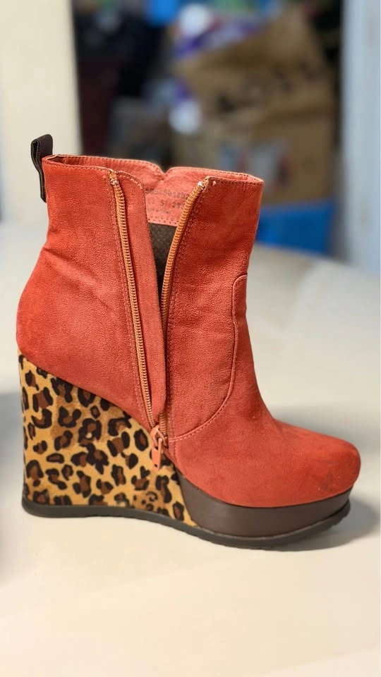 Burnt Orange Suede Leopard Print Wedge Ankle Boots - photo 3