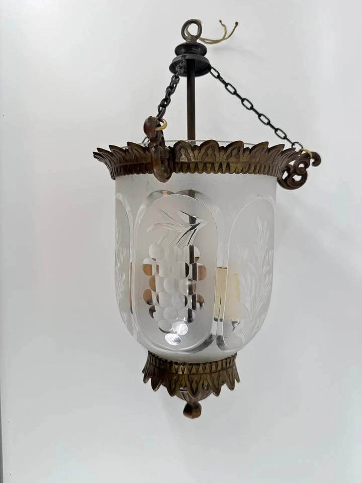 Vintage Etched Glass Lantern Chandelier – Ornate Brass/Bronze Pe