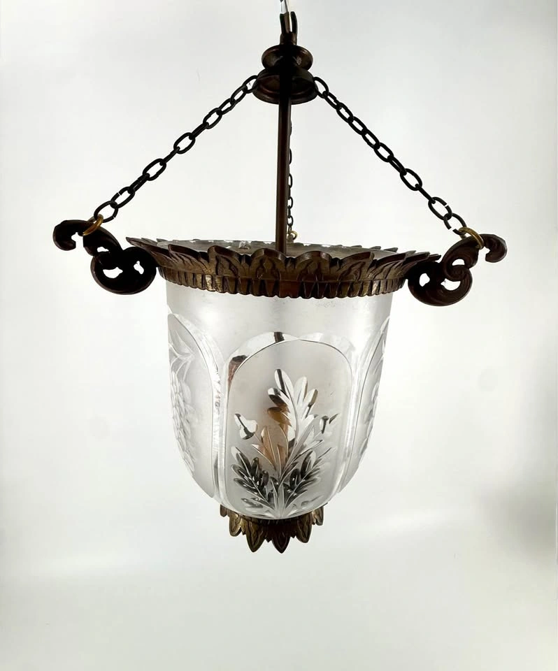 Vintage Etched Glass Lantern Chandelier – Ornate Brass/Bronze Pe - photo 2