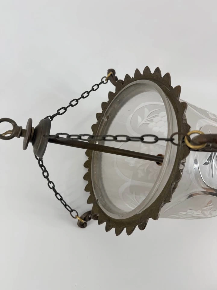 Vintage Etched Glass Lantern Chandelier – Ornate Brass/Bronze Pe - photo 4