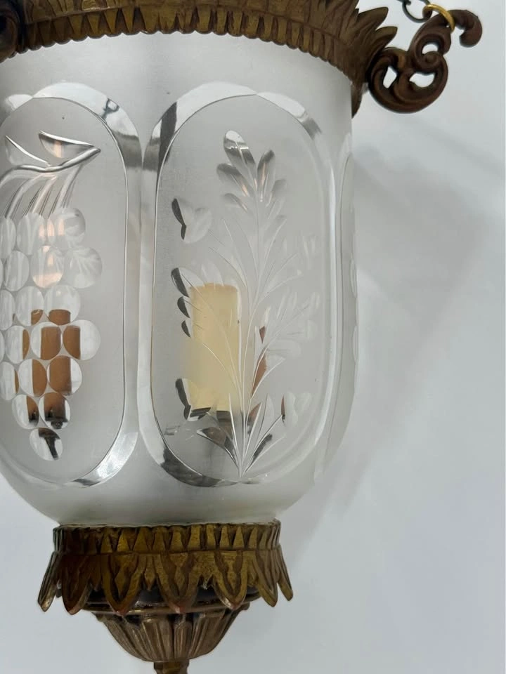 Vintage Etched Glass Lantern Chandelier – Ornate Brass/Bronze Pe - photo 5