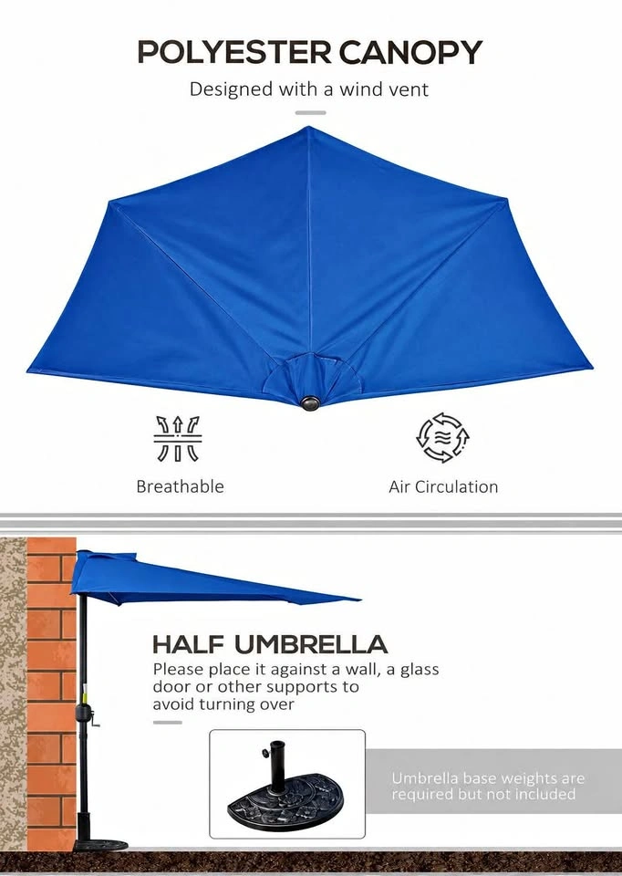 9ft Half Round Patio Umbrella w Crank Mechanism 5 Ribs, blue
