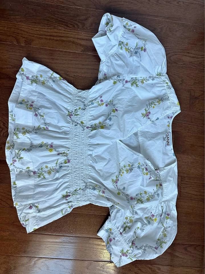 GANNI Floral Puff Sleeve Blouse – White