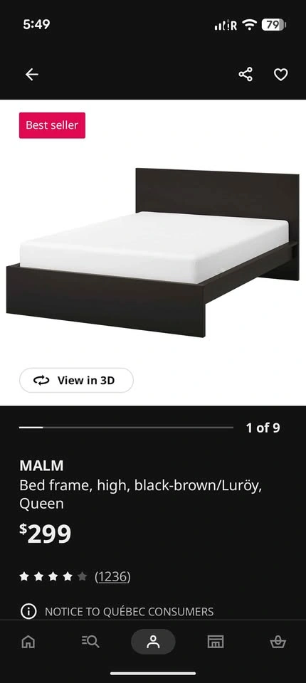 IKEA MALM Queen Bed Frame – High / Black-Brown (only Frame)