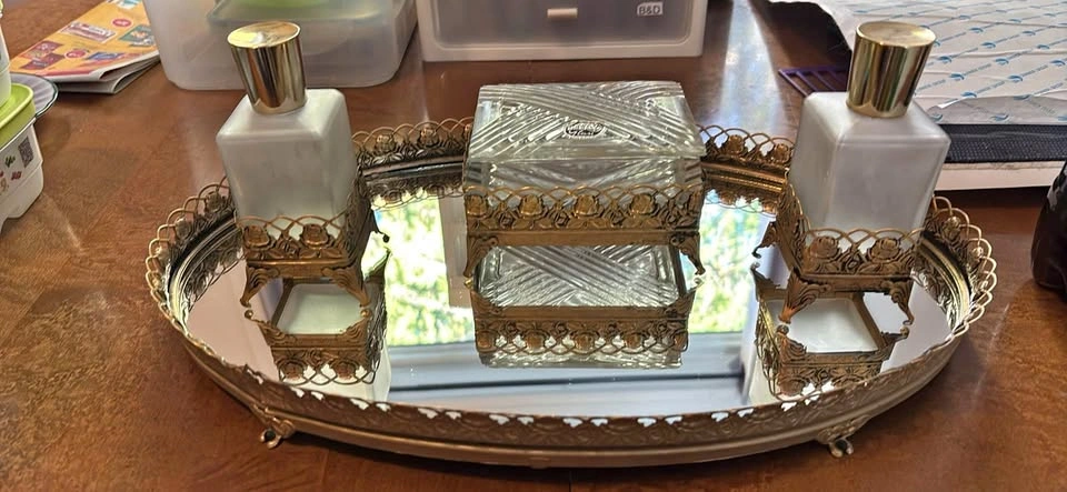Vintage Bohemia Glass Vanity Set with Mirrored Tray