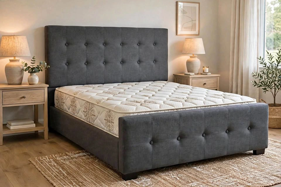 King Size Charcoal Grey Upholstered Bed – Mattress Included