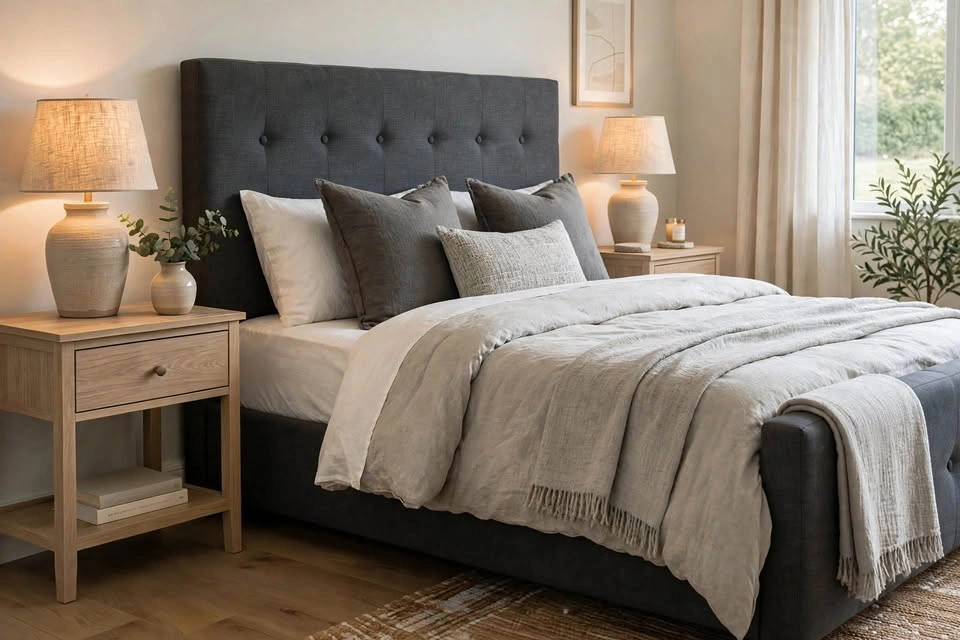 King Size Charcoal Grey Upholstered Bed – Mattress Included - photo 3