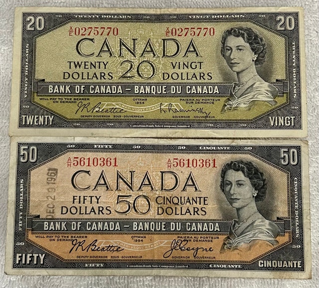 Set of Two 1954 Canadian Modified Portrait Banknotes $20 & $50