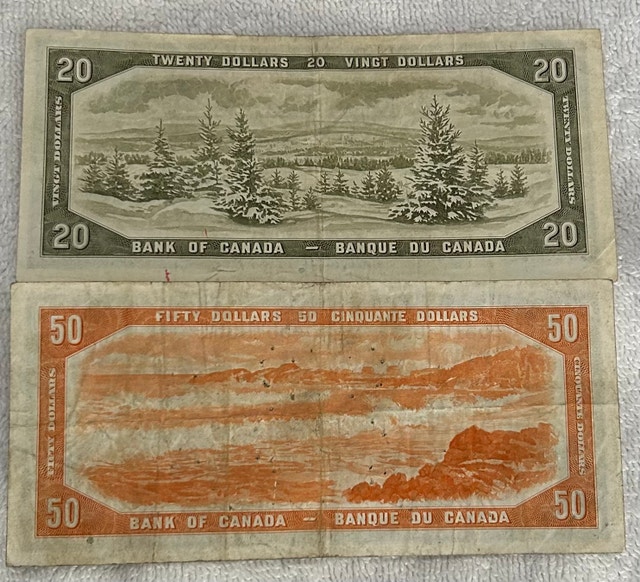 Set of Two 1954 Canadian Modified Portrait Banknotes $20 & $50 - photo 2