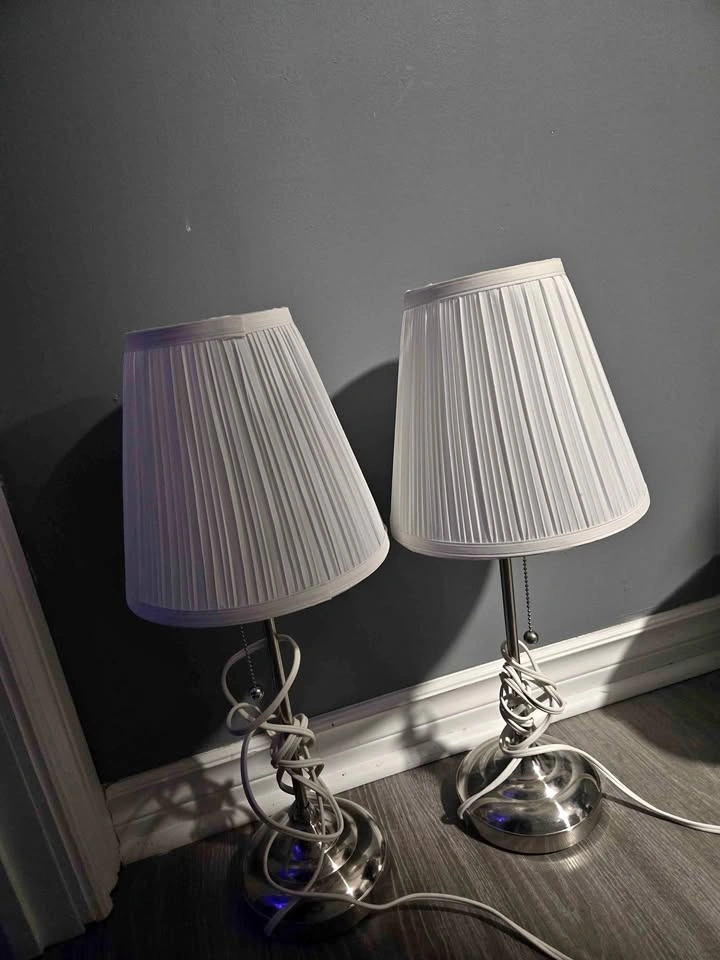 Set of 2 Ikea table lamp nickel/chrome base with white shade