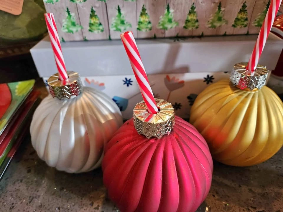 $10 for 3 glass Christmas ornaments drinks with straws
