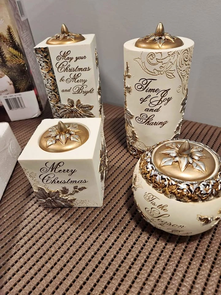 Christmas decor: set of engraved gold candle holders