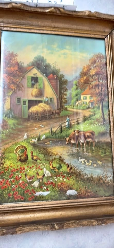 Framed vintage pastoral art print and frame farm scene