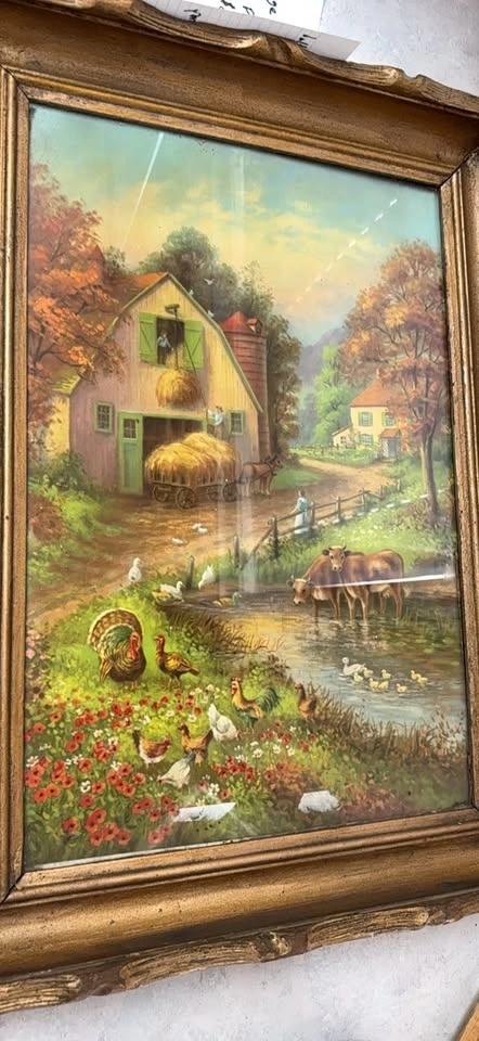 Framed vintage pastoral art print and frame farm scene - photo 2