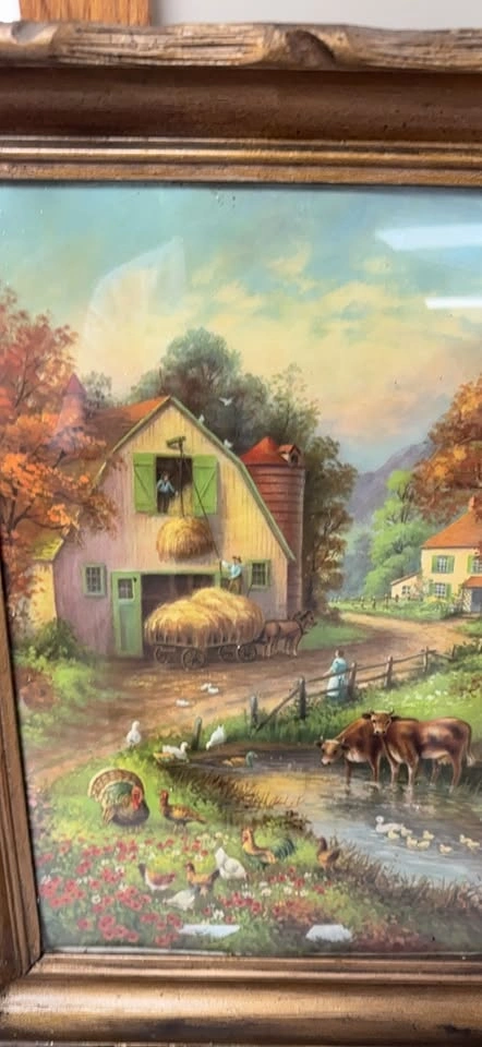 Framed vintage pastoral art print and frame farm scene - photo 4