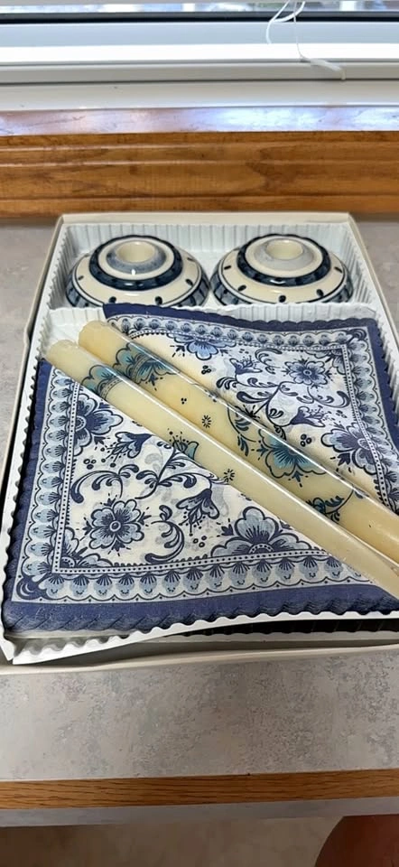 Blue and White Floral Candle Holders, Candles, and Napkins Set