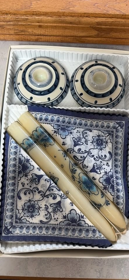 Blue and White Floral Candle Holders, Candles, and Napkins Set - photo 2