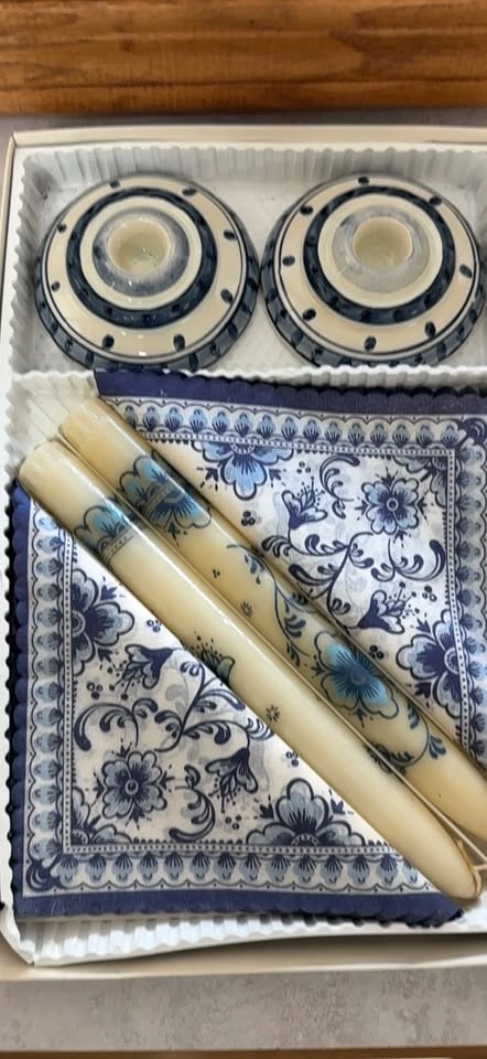 Blue and White Floral Candle Holders, Candles, and Napkins Set - photo 3