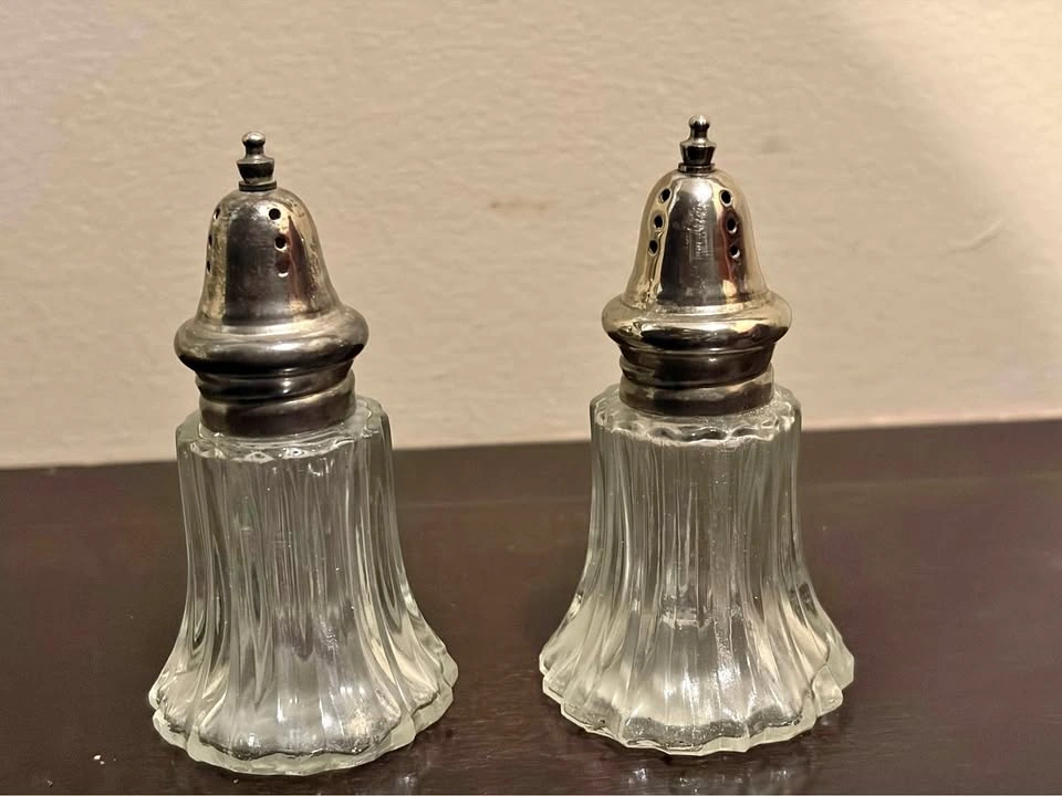 Vintage Pressed Glass Salt and Pepper Shakers - Silverplate
