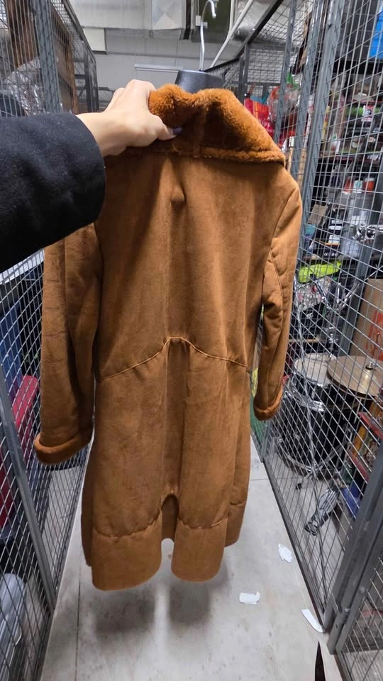 Brown Faux Suede Long Coat with Faux Fur Lining - photo 3