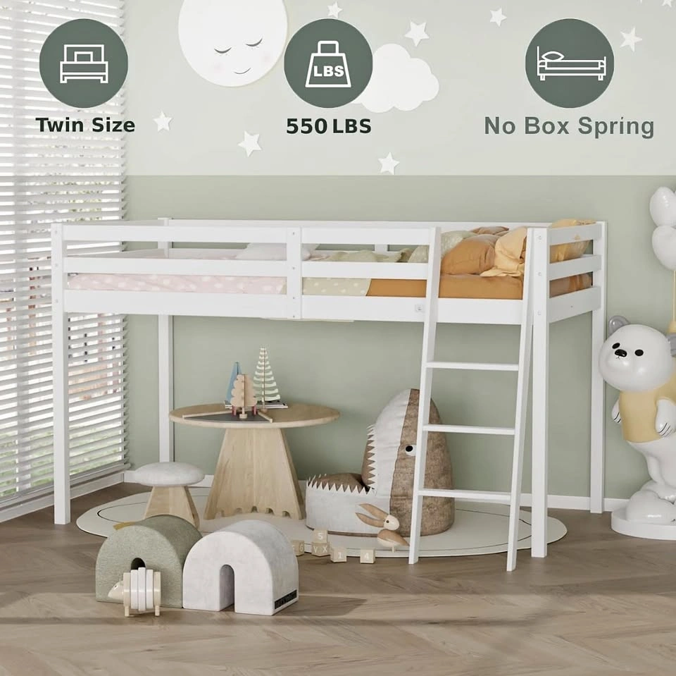 White Twin Size Pine Wood Loft Bed